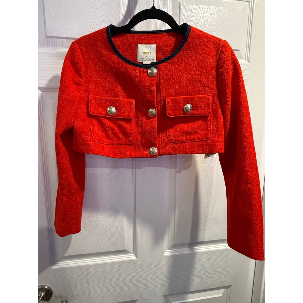 Maeve by Anthropologie Red Cropped Tweed Jacket Gold Button Navy Trim US 0P